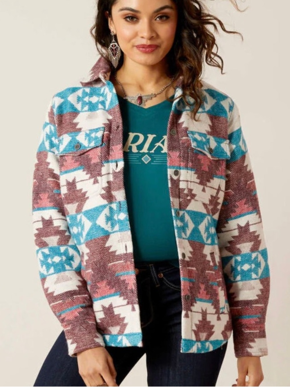 Ariat Baja Jacquard Woven Aztec Button-Front Jacket/Shacket in Teal & Mauve NEW